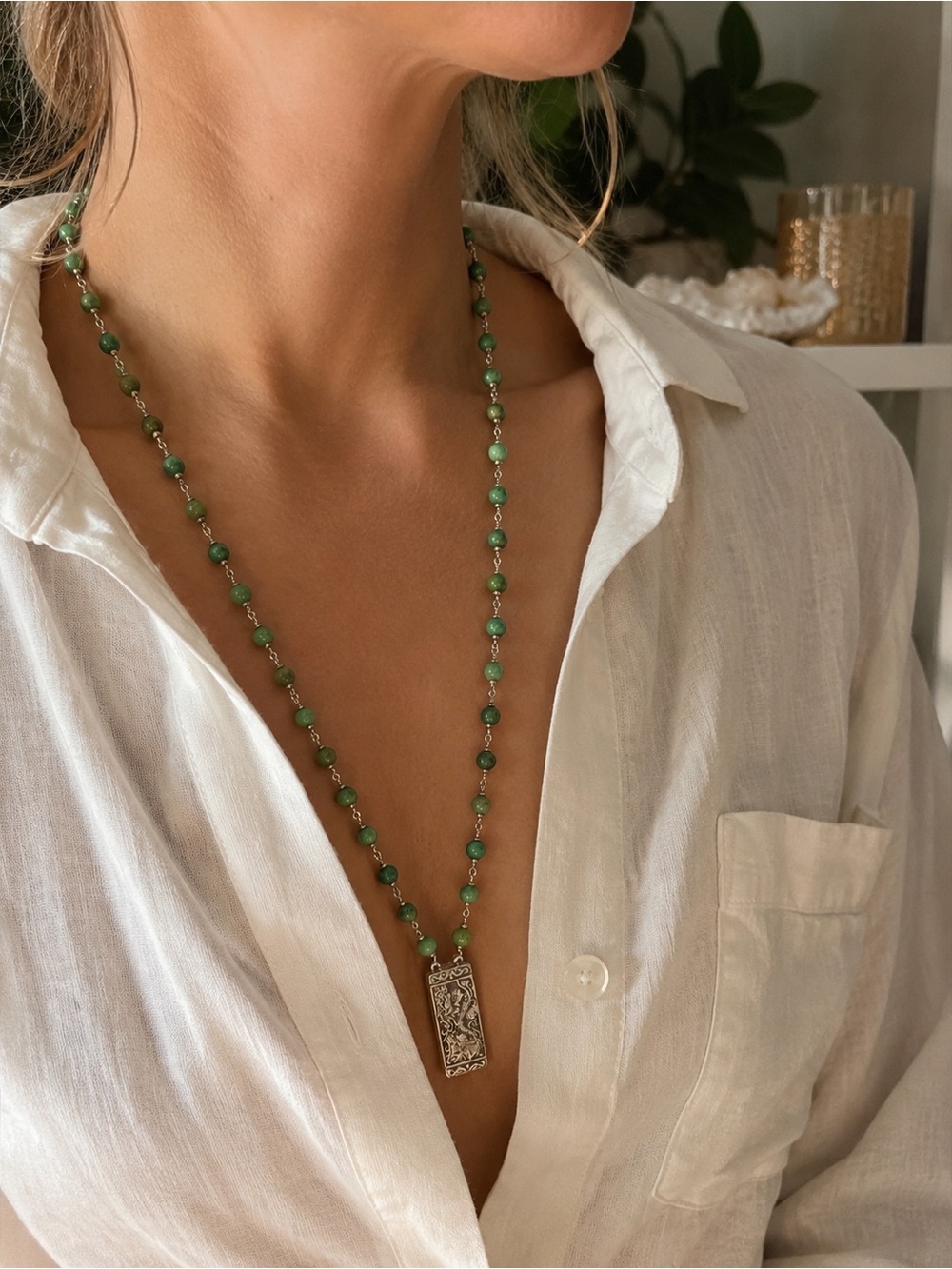Karma and Luck Green Beaded Dragon Pendant Necklace – Silver Tone